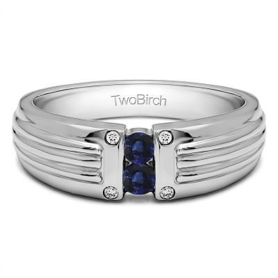 0.28 Ct. Sapphire and Diamond Two Stone Tension Set Ribbed Shank Men's Wedding Ring