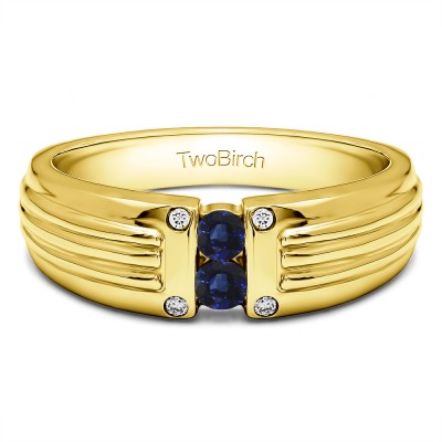 0.28 Ct. Sapphire and Diamond Two Stone Tension Set Ribbed Shank Men's Wedding Ring in Yellow Gold