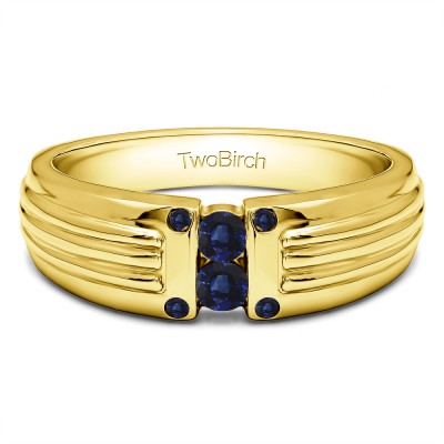 0.28 Ct. Sapphire Two Stone Tension Set Ribbed Shank Men's Wedding Ring in Yellow Gold