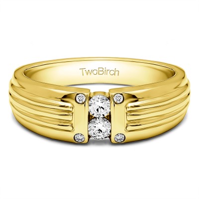 0.28 Ct. Two Stone Tension Set Ribbed Shank Men's Wedding Ring in Yellow Gold