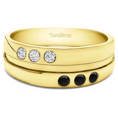 0.48 Ct. Black and White Three Stone Burnished Set Men's Wedding Band in Yellow Gold