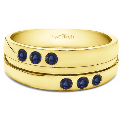 0.48 Ct. Sapphire Three Stone Burnished Set Men's Wedding Band in Yellow Gold
