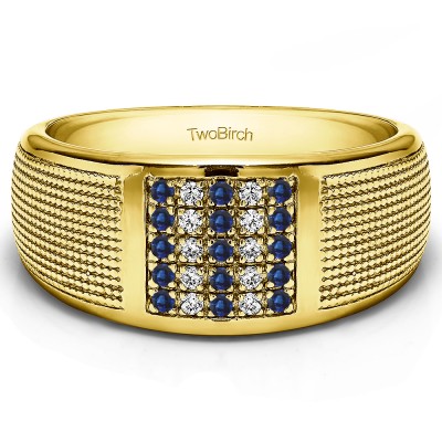 0.25 Ct. Sapphire and Diamond Round Cluster Top Ribbed Shank Men's Wedding Ring in Yellow Gold