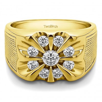 1 Ct. Cluster Sun Burst Men's Domed Wedding Ring in Yellow Gold