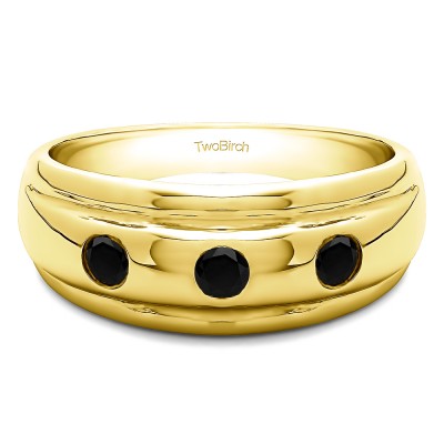 0.3 Ct. Black Three Stone Burnished Domed Men's Wedding Band in Yellow Gold