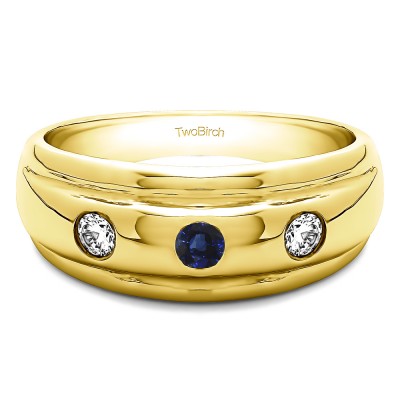 0.3 Ct. Sapphire and Diamond Three Stone Burnished Domed Men's Wedding Band in Yellow Gold