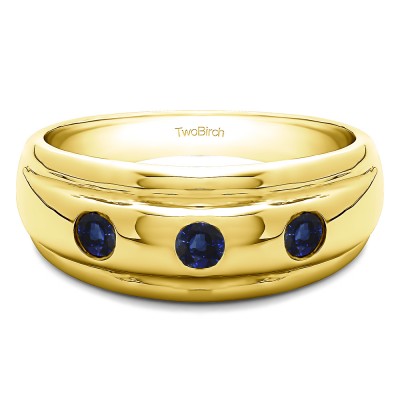 0.3 Ct. Sapphire Three Stone Burnished Domed Men's Wedding Band in Yellow Gold