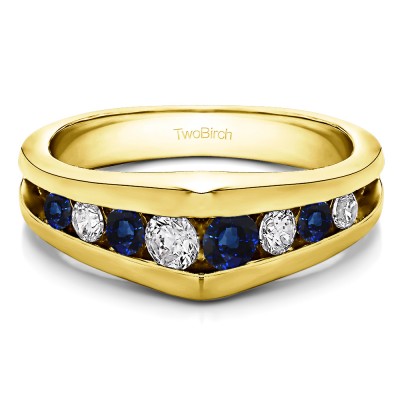 1 Ct. Sapphire and Diamond Eight Stone Channel Set Chevron Men's Wedding Band in Yellow Gold