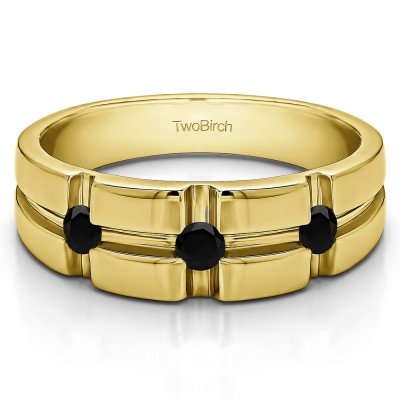 0.3 Ct. Black Three Stone Cross Designed Men's Wedding Ring in Yellow Gold