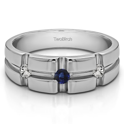 0.3 Ct. Sapphire and Diamond Three Stone Cross Designed Men's Wedding Ring