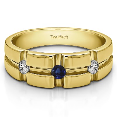 0.3 Ct. Sapphire and Diamond Three Stone Cross Designed Men's Wedding Ring in Yellow Gold