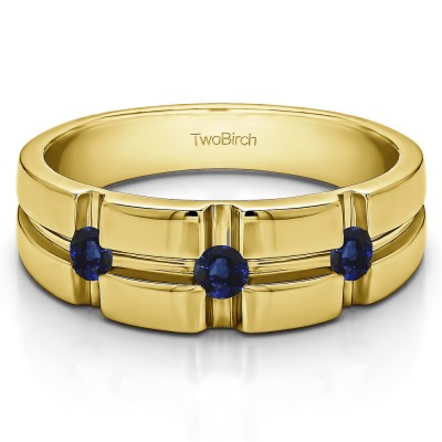 0.3 Ct. Sapphire Three Stone Cross Designed Men's Wedding Ring in Yellow Gold