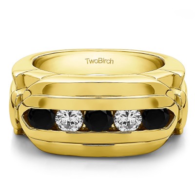 1.25 Ct. Black and White Five Stone Channel Set Flat Top Men's Wedding Ring in Yellow Gold