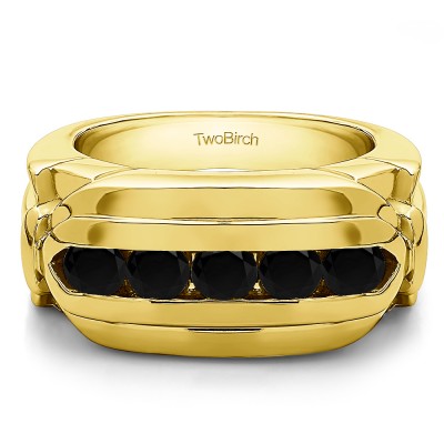 1.25 Ct. Black Five Stone Channel Set Flat Top Men's Wedding Ring in Yellow Gold
