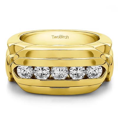1.25 Ct. Five Stone Channel Set Flat Top Men's Wedding Ring in Yellow Gold