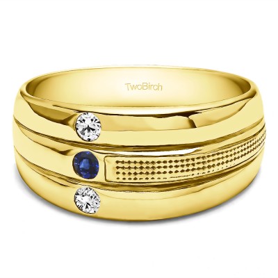 0.3 Ct. Sapphire and Diamond Three Stone Ribbed Shank Men's Wedding Ring in Yellow Gold
