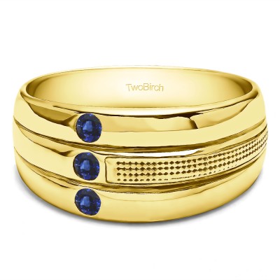 0.3 Ct. Sapphire Three Stone Ribbed Shank Men's Wedding Ring in Yellow Gold