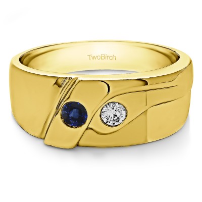 0.24 Ct. Sapphire and Diamond Two Stone Burnished Twisted Shank Men's Wedding Band in Yellow Gold