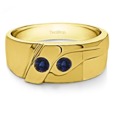 0.24 Ct. Sapphire Two Stone Burnished Twisted Shank Men's Wedding Band in Yellow Gold