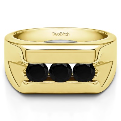 1 Ct. Black Three Stone Channel Set Men's Wedding Band in Yellow Gold