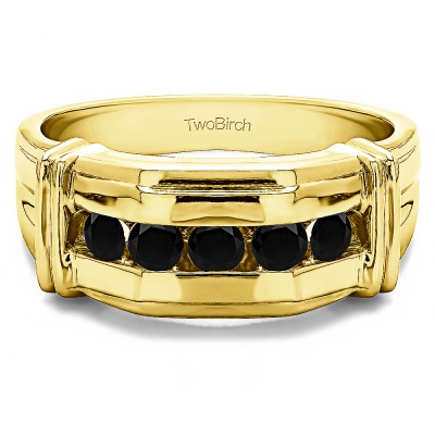 1 Ct. Black Five Stone Men's Ring with Ribbed Shank Design in Yellow Gold