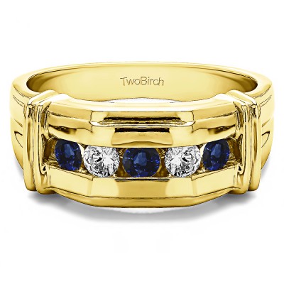 0.5 Ct. Sapphire and Diamond Five Stone Men's Ring with Ribbed Shank Design in Yellow Gold
