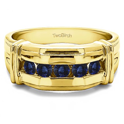0.5 Ct. Sapphire Five Stone Men's Ring with Ribbed Shank Design in Yellow Gold