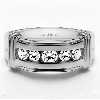 1 Ct. Five Stone Men's Ring with Ribbed Shank Design With Cubic Zirconia Mounted in Sterling Silver