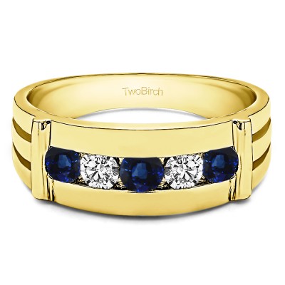 0.17 Ct. Sapphire and Diamond Channel Set Men's Ring With Bars in Yellow Gold