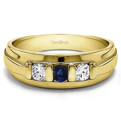 0.24 Ct. Sapphire and Diamond Three Stone Bar Set Men's Wedding Ring in Yellow Gold