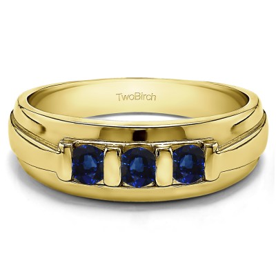0.49 Ct. Sapphire Three Stone Bar Set Men's Wedding Ring in Yellow Gold