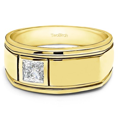 0.5 Ct. Princess Cut Men's Solitaire Ring with Burnished Set Stone in Yellow Gold