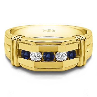 0.36 Ct. Sapphire and Diamond Channel Set Men's Ring With Bars in Yellow Gold