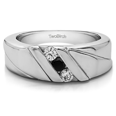 0.33 Ct. Black and White Stone Channel Set Three Stone Men's Wedding Ring with Designed Band