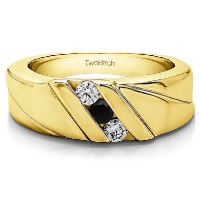 0.33 Ct. Black and White Stone Channel Set Three Stone Men's Wedding Ring with Designed Band in Yellow Gold