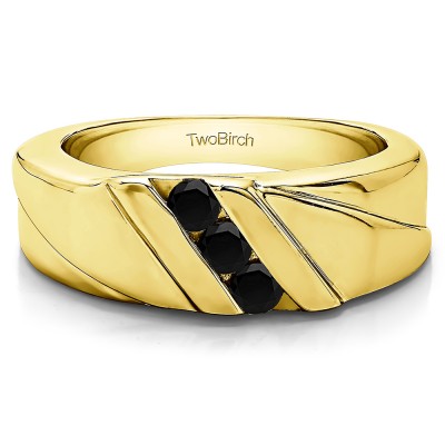 0.33 Ct. Black Three Stone Channel Set Men's Wedding Ring with Designed Band in Yellow Gold