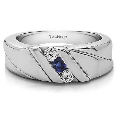 0.33 Ct. Sapphire and Diamond Channel Set Three Stone Men's Wedding Ring with Designed Band