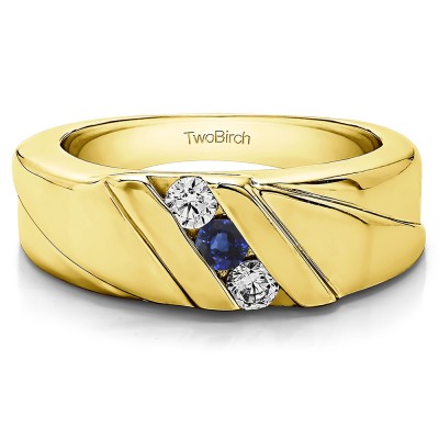 0.33 Ct. Sapphire and Diamond Channel Set Three Stone Men's Wedding Ring with Designed Band in Yellow Gold