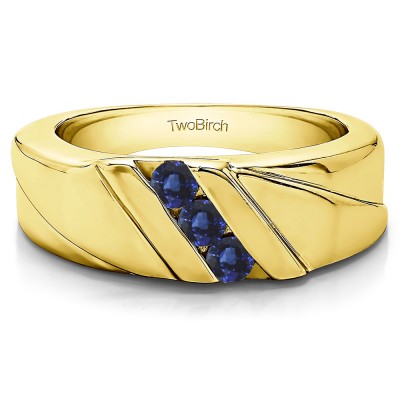 0.33 Ct. Sapphire Channel Set Three Stone Men's Wedding Ring with Designed Band in Yellow Gold