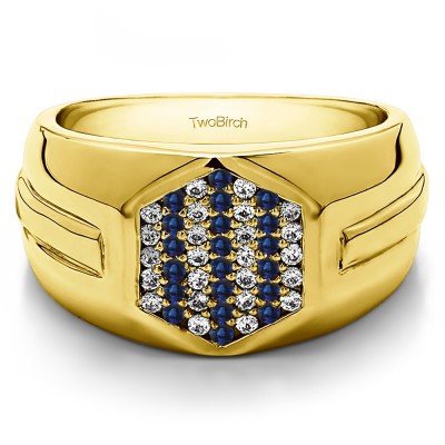 0.5 Ct. Sapphire and Diamond Cluster Top Men's Wedding Band with Ribbed Shank in Yellow Gold