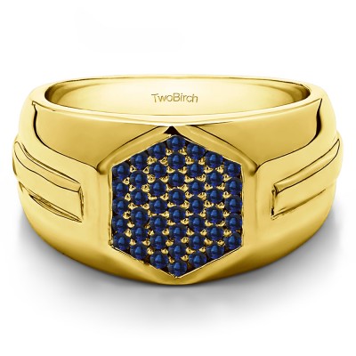 0.5 Ct. Sapphire Cluster Top Men's Wedding Band with Ribbed Shank in Yellow Gold