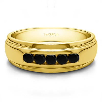 0.5 Ct. Black Five Stone Channel Set Men's Wedding Ring in Yellow Gold