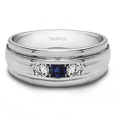 0.5 Ct. Sapphire and Diamond Three Stone Channel Set Men's Wedding Ring with Ribbed Shank
