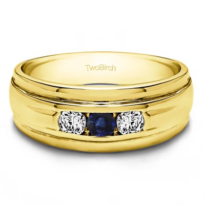 0.5 Ct. Sapphire and Diamond Three Stone Channel Set Men's Wedding Ring with Ribbed Shank in Yellow Gold