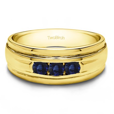 0.5 Ct. Sapphire Three Stone Channel Set Men's Wedding Ring with Ribbed Shank in Yellow Gold