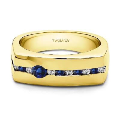 0.5 Ct. Sapphire and Diamond Men's Unique Channel Set Wedding ring in Yellow Gold