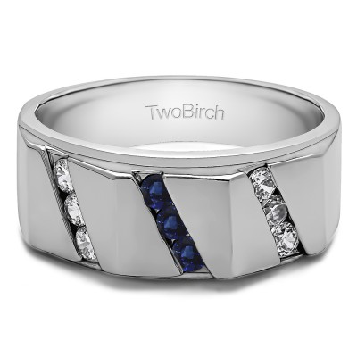 0.49 Ct. Sapphire and Diamond Men's Ring with Three Rows of Channel Set Round Stones