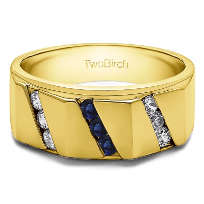 0.49 Ct. Sapphire and Diamond Men's Ring with Three Rows of Channel Set Round Stones in Yellow Gold