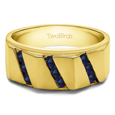 0.49 Ct. Sapphire Men's Ring with Three Rows of Channel Set Round Stones in Yellow Gold
