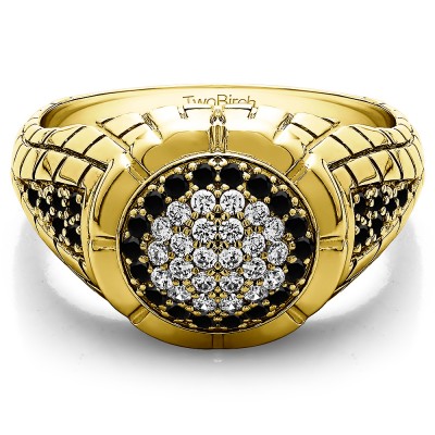 1.35 Ct. Black and White Stone Domed Men's Ring with Engraved Design in Yellow Gold